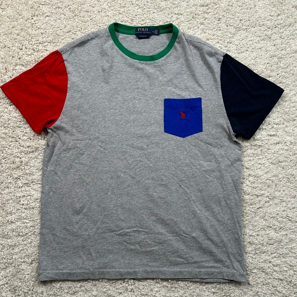 Polo Ralph Lauren T-Shirt Medium Grey Colorblock Pocket Classic Fit Pony Logo